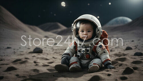 Toddler Astronaut on a Sandy Moon with Distant Planets