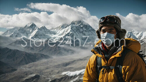 Mountaineer with Mask Amidst Himalayan Peaks