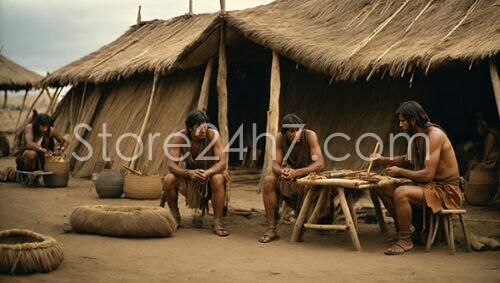 Indigenous Men Working Outside Huts