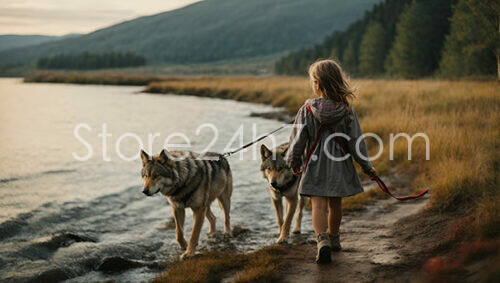 Young girl on a wilderness trail with two wolves