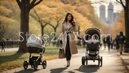 Elegant Mother Strolling with Baby