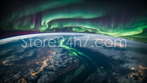 Aurora Borealis Swirling above the Earth at Night from Space