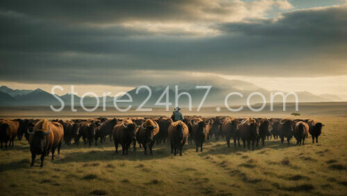 Cowboy Herding Bison Mountain Range