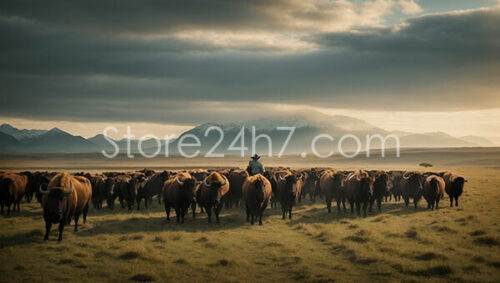 Cowboy Herding Bison Mountain Range