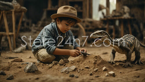 Young Boy Excavating Dinosaur Toy in Sandbox