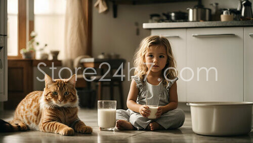 Toddler Sharing Quiet Moment with Cat in Kitchen