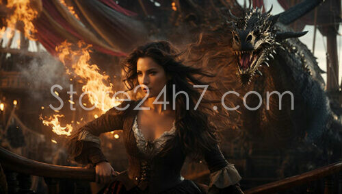 Fierce Pirate Queen and Dragon Aboard Flaming Ship