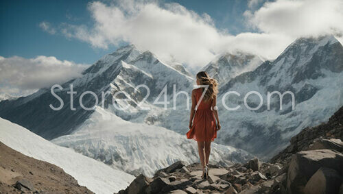 Woman in Red Dress Looking Toward Majestic Snowy Mountains
