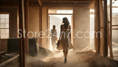 Two women walking through a dusty construction site