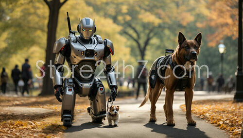 Robot Walks Dogs in Autumn Park