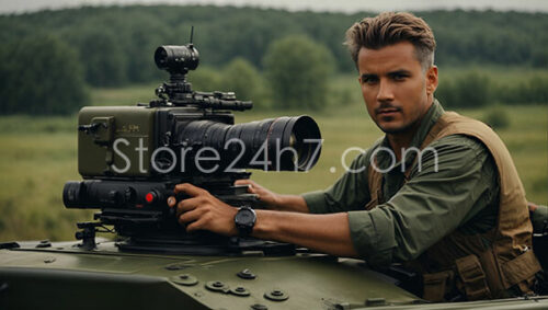 Man Operating Camera Equipment on Military Vehicle