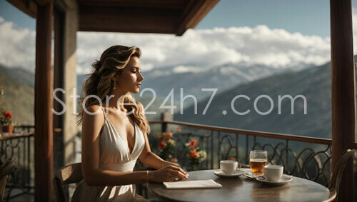 Elegant woman enjoying mountain view from balcony