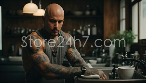 Tattooed Man Pondering Life at Kitchen Sink