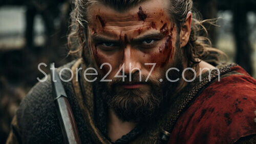Bloodied Viking warrior clutches dagger after battle