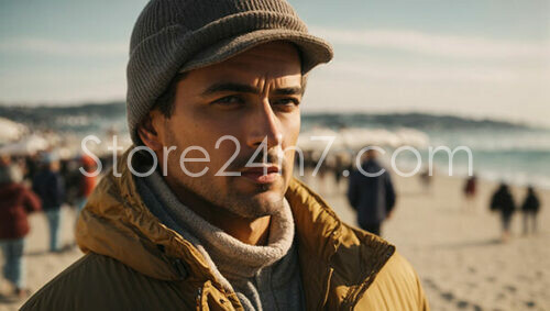 Man Contemplating on Busy Beachfront