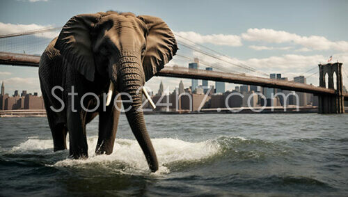 Elephant Wading Through Water near Brooklyn Bridge