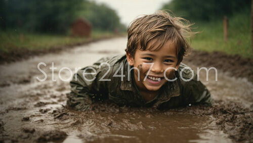 Joyful Boy Playing in Mud Puddle