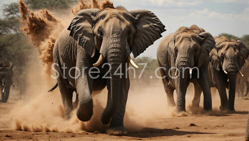 Elephants Charging Through Dusty Terrain