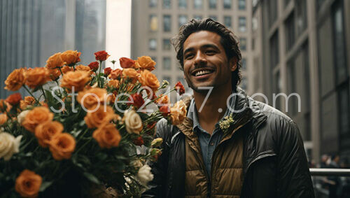 Joyful Man with Flowers on Bustling City Street