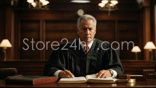 Solemn Judge in Traditional Courtroom