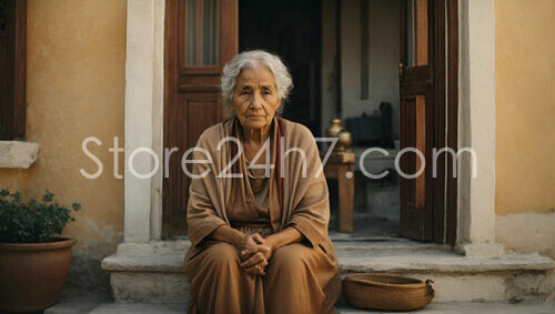 Elderly woman resting in front of her house