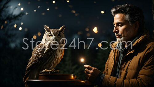Man with Sparkler Admiring Owl at Dusk