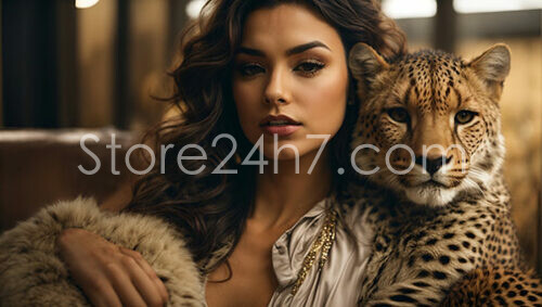 Elegant Woman with Cheetah in Luxurious Golden Setting