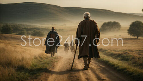 Travelers walking through misty fields at dawn