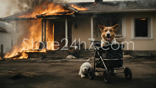 Dogs in Stroller Standing in Front of Burning House