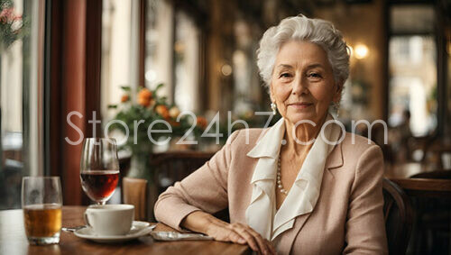 Elderly elegant lady enjoying drink in cafe