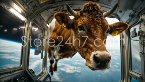 Cow Astronaut Floating in Spacecraft