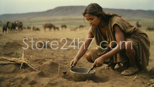 Young Girl Grinding Grain Rural Landscape