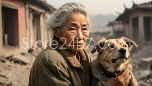 Elderly Woman and Dog Amidst Ruins