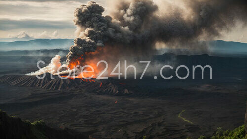 Fiery Volcanic Eruption Amidst Mountains