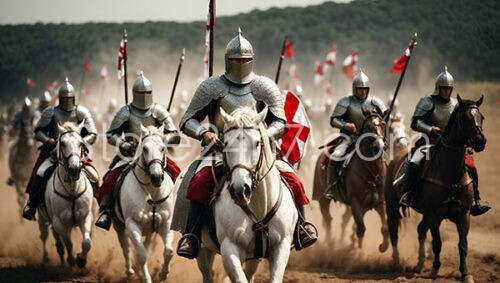 Charging Medieval Knights with Flags in Dusty Battle