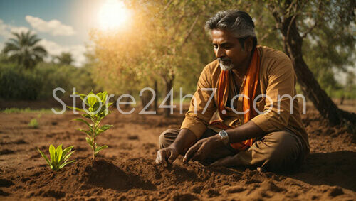 Man Planting Saplings in Sunlit Field