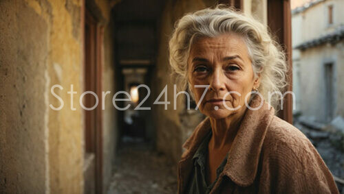 Elderly Woman Contemplating in Alleyway