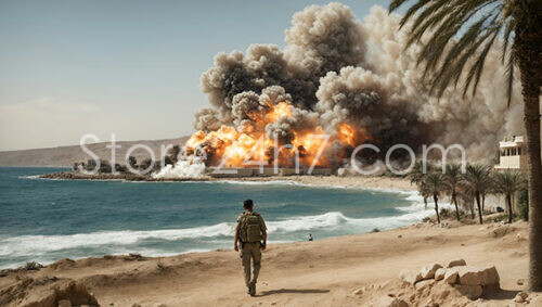Coastal Conflict Zone Fiery Explosion