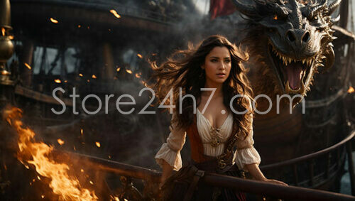 Pirate Queen with Dragon on Burning Ship