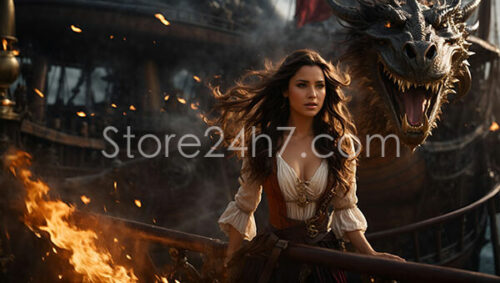 Pirate Queen with Dragon on Burning Ship