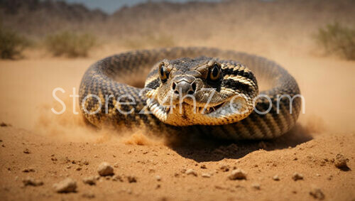 Coiled Rattlesnake Staring Intently Desert