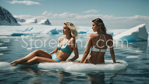 Two Women Sunbathing on Ice Floes in the Arctic