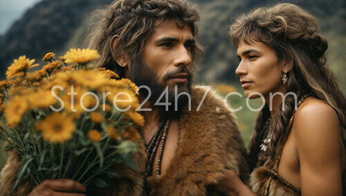 Tribal Couple with Sunflowers in Misty Mountain Landscape