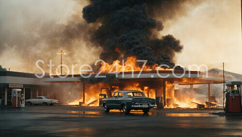 Vintage Car Flees Fiery Gas Station