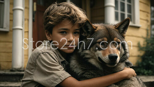 Boy Hugs Loyal Dog on Front Step of House