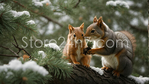 Squirrels Sharing a Pine Cone