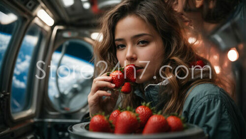 Girl Eating Strawberries in Spacecraft
