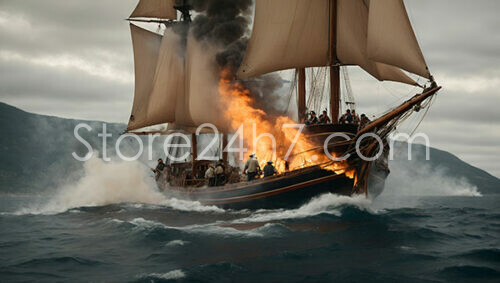 Sailing Ship in Flames on a Stormy Sea