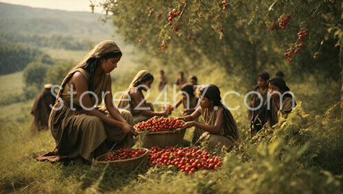 Women Harvesting Fruit Rural Landscape
