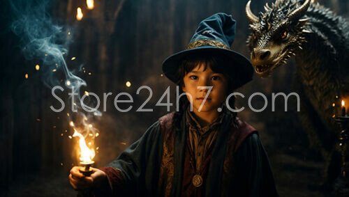 Young Wizard Holding Torch Beside Mystical Dragon